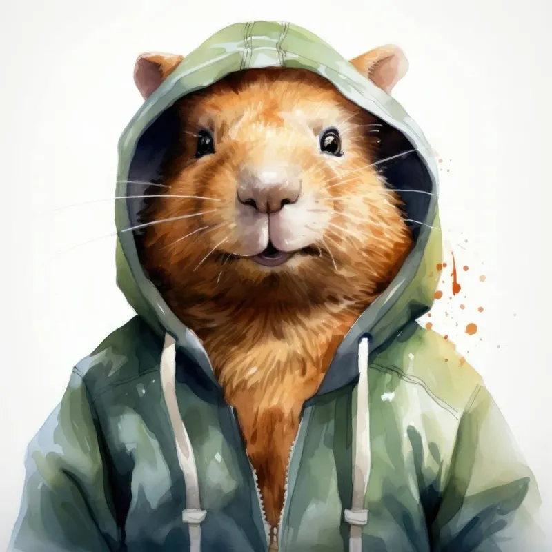 Watercolour Cartoon Capybara In A Hoodie