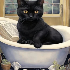 Black Cat In Bathtub Botanical Bathroom 4