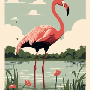 Vintage Bird Linocut Greater Flamingo 4
