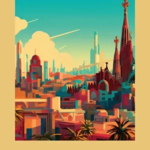 Barcelona Cityscape Old art print.
