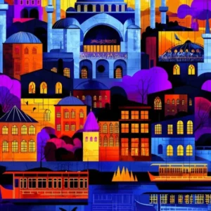 Istanbul Geometric Sunset – Colorful Cityscape Art Poster