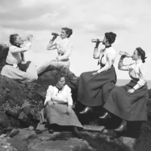 Women Drinking Beer, Black and White Old Photo, Vintage Bar Decor