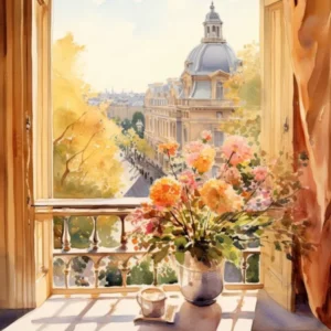 Window View Of Vienna Austria In Autumn Fall, Watercolour 3