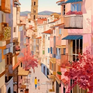 Malaga Spain 3 Vintage Pink Travel Illustration
