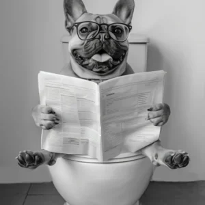 French Bulldog Sitting On Toilet Wall Art, Frenchie Dog Reading Newspaper, Black And White Print, Funny Dog Poster, Bathroom Wall Decor