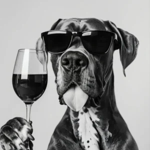 Great Dane Holding Wine Wall Art, Black And White Print, Great Dane Gift, Alcohol Print, Bar Cart Art, Funny Dog Poster, Kitchen Wall Decor