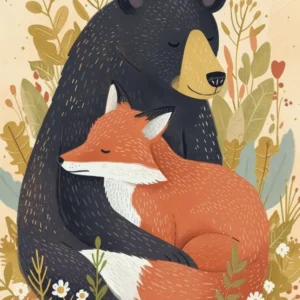 American Black Bear And A Fox Storybook Illustration 2