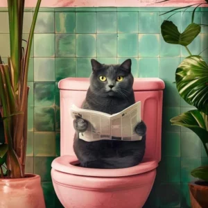 Grey Funny Cat Toilet Print, Trendy Bathroom Cat Print, Funny Toilet Posters, Funny Cat Poster, Funny Wall Art For Bathroom Decor Home Decor