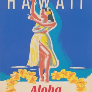 Hawaii Hula Girl, Colorful Retro Vintage Travel Poster