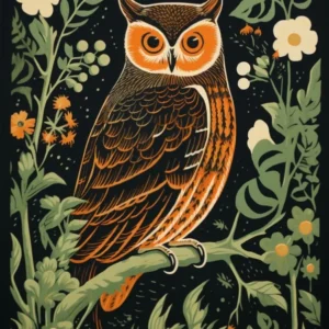 Vintage Bird Linocut Eastern Screech Owl 2