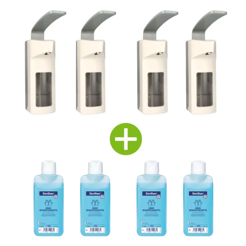 Medi-Inn Wandspender Kunststoff mit Langarmhebel für 500 ml Euroflaschen 4 x + Bode Sterillium Händedesinfektion 4 x 500 ml