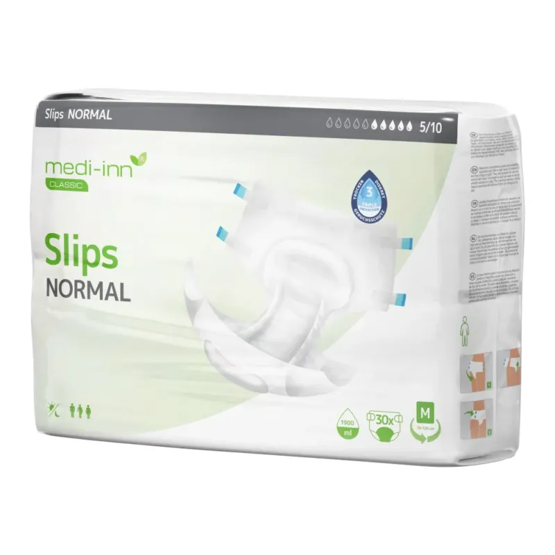 Verpackung der Medi-Inn Classic Inkontinenz-Slips NORMAL in Größe M. Die Verpackung ist weiß mit grünen und grauen Akzenten, zeigt ein Produktbild des Slips und enthält Symbole für Unisex-Passform, Saugvolumen (1900 ml) und Klettverschlüsse.