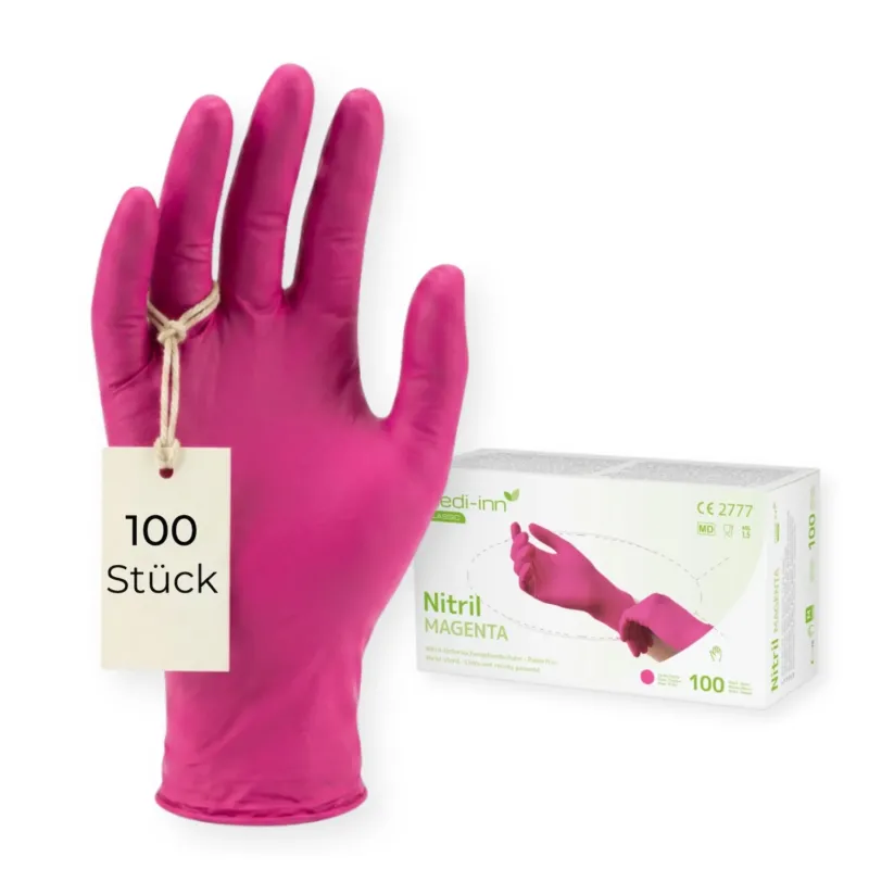Frontalansicht eines Medi-Inn Nitril Magenta Einmalhandschuhs neben der Verpackung mit 100 Stück.