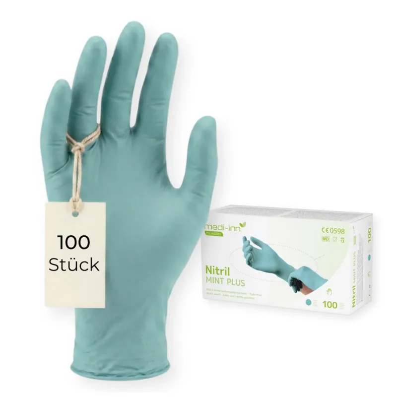 Frontalansicht eines Medi-Inn Nitril Mint Plus Einmalhandschuhs neben der Verpackung mit 100 Stück.