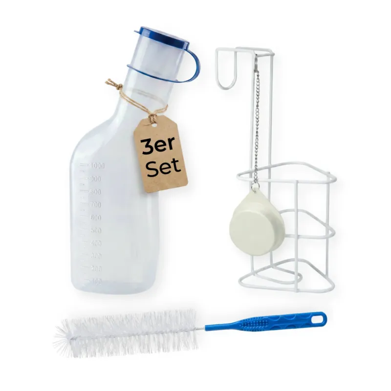 medi-inn Classic Urinflasche PP 1000 ml, 3er-Set mit Flasche, Betthalterung und Reinigungsbürste
