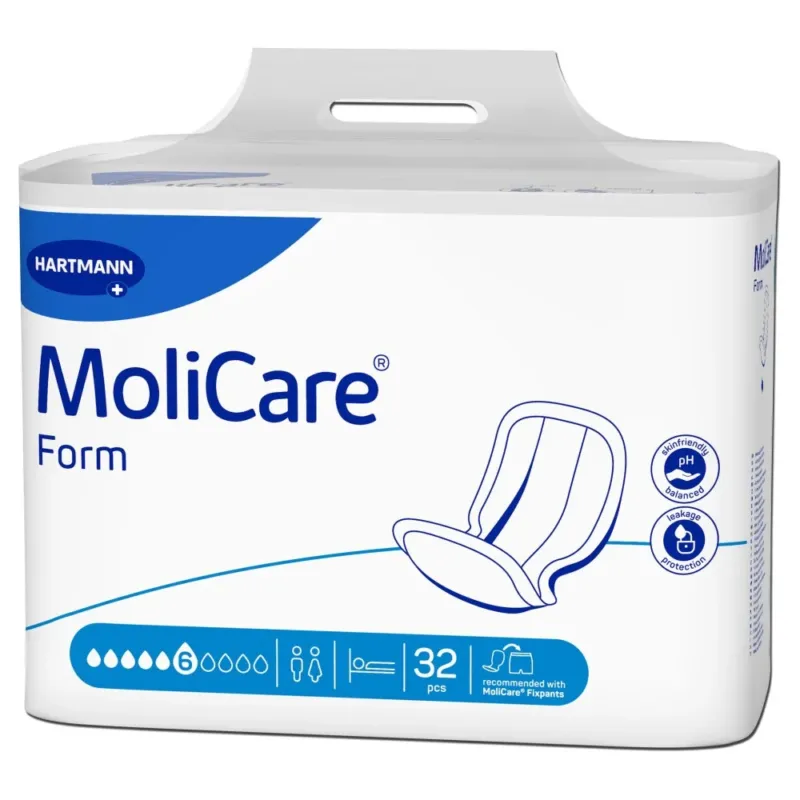 Produktabbildung eines MoliCare Form 6 Tropfen von der Marke MoliCare. Der Behälter hat eine klare, flüssige Konsistenz und ist in einer durchsichtigen Flasche mit einem bunten, wieder verschließbaren Verschluss dargestellt. Auf dem Etikett sind die Markenzeichen, eine detaillierte Produktbeschreibung sowie Dosierungsanweisungen zu sehen. Die Flasche steht auf einem neutralen, hellen Hintergrund, der den Fokus auf das Produkt lenkt. Es handelt sich um ein Hygiene-Produkt zur Unterstützung der Gesundheit.