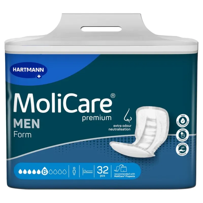 Produktbild von MoliCare Premium 6 Tropfen für Männer. Die Packung ist in einer klaren, stilvollen Gestaltung gehalten. Im Vordergrund sieht man das große blau-weiße Logo "MoliCare" und den Produkttitel "Premium 6 Tropfen". Die Verpackung hebt sich durch eine Kombination aus blauem und weißem Hintergrund ab, mit passenden grafischen Elementen, die Funktionalität und Komfort betonen. Die Packungsgröße und die Anzahl der Einheiten sind ebenfalls deutlich sichtbar, um die Benutzerfreundlichkeit hervorzuheben.