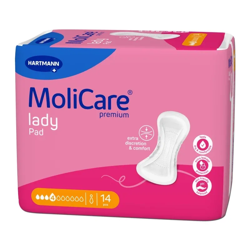 Molicare Lady Pad mit 4 Tropfen, ideal für leichten bis mäßigen Blasenschwäche-Schutz. Das Produkt ist in einem eleganten, praktischen Design verpackt. Links ist eine stilisierte Abbildung der Verpackung zu sehen, die das Produkt in einem modernen, femininen Look präsentiert. Die Verpackung zeigt klare Informationen zu den Eigenschaften, wie die Absorptionseinstufung und die Anwendung. Der Hintergrund ist hell und unauffällig, um die Details des Pads und der Verpackung hervorzuheben.