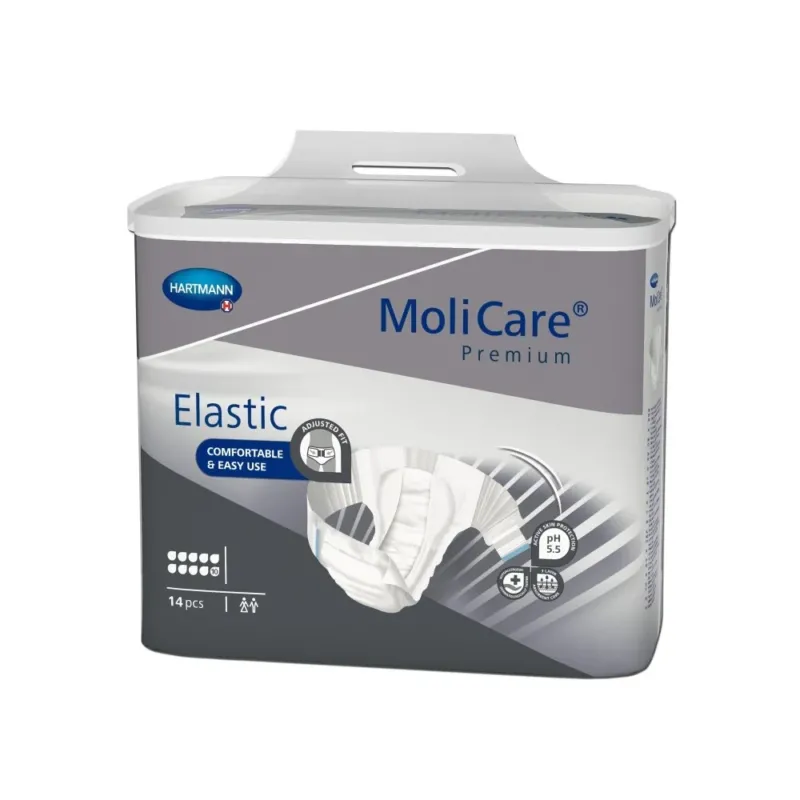 Bildbeschreibung: Das Produkt zeigt eine Packung Molicare Premium Elastic 10 Tropfen in der Größe L, die auf einem hellen Hintergrund abgebildet ist. Die Packung ist überwiegend in Blau gehalten und trägt das Molicare-Logo sowie Informationen zur Saugstärke und Größe. Auf der Vorderseite sind Grafiken zu sehen, die die besondere Elastizität und den hohen Komfort der Windel verdeutlichen. In einer Ecke befindet sich ein Hinweis auf die Anzahl der enthaltenen Einheiten.