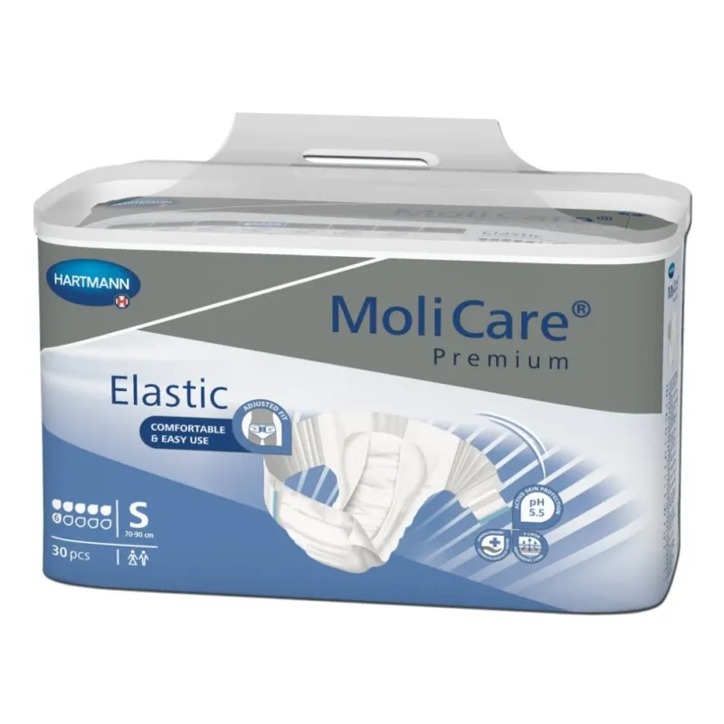 Detailreiche Abbildung eines MoliCare Premium Elastic 6 Tropfen S Inkontinenzprodukts. Die Verpackung zeigt eine helle, ansprechende Gestaltung mit dem Logo "MoliCare". Auf der Vorderseite sind Informationen zu Größe und Saugstärke abgebildet. Die Verpackung hat eine durchsichtige Vorderseite, die den Inhalt, eine atmungsaktive, elastische Einlage, teilweise sichtbar macht. Das Produkt ist für aktive Nutzer konzipiert und betont Komfort sowie Bewegungsfreiheit.