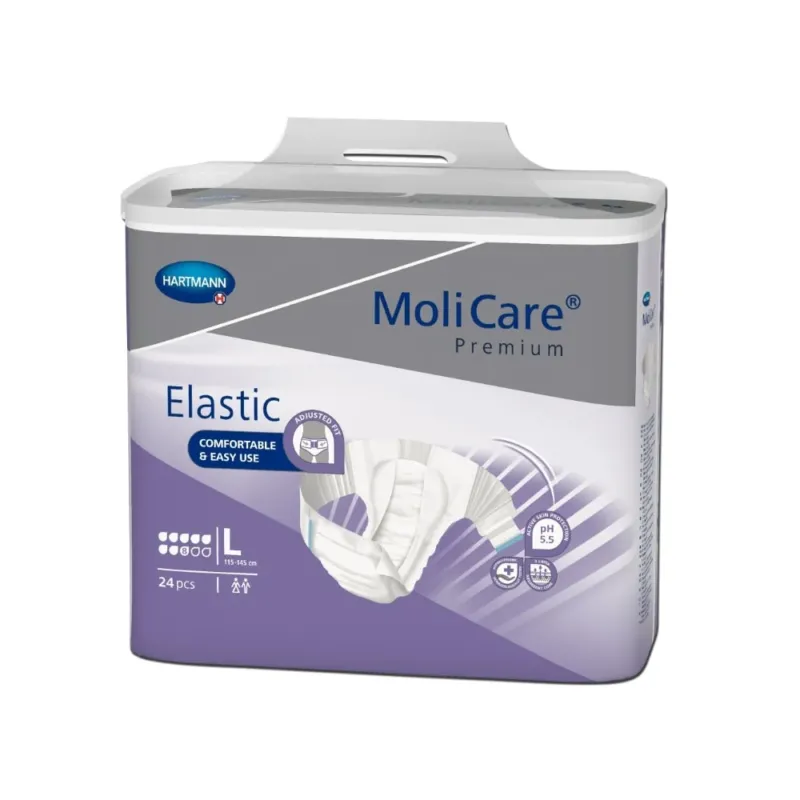 Bild eines MoliCare Premium Elastic Inkontinenzprodukts in der Größe L. Die Verpackung zeigt ein modernes, ansprechendes Design mit einer klaren Abbildung des Produkts. Im Vordergrund sind die Hauptmerkmale hervorgehoben, wie die hohe Saugfähigkeit (8 Tropfen) und die elastische Passform für optimalen Tragekomfort. Die Farben sind überwiegend Blau und Weiß, was Seriosität und Zuverlässigkeit vermittelt.