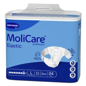 Molicare Premium Elastic 9 Tropfen L ist eine Packung mit Inkontinenzprodukten für Erwachsene. Die Vorderseite der Verpackung zeigt ein ansprechendes Design mit einem hochwertigen Bild eines lächelnden, aktiven älteren Paares. Der Produktname ist deutlich in großen, klaren Buchstaben abgedruckt. Die Verpackung ist in sanften Blau- und Grüntönen gehalten und vermittelt ein Gefühl von Sicherheit und Vertrauen.