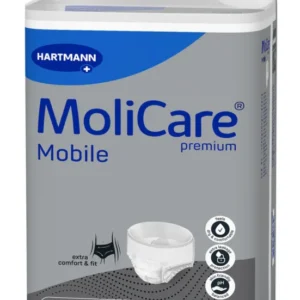 Molicare Premium Mobile, Inkontinenzeinlagen Größe L, Verpackung mit 10 Tropfen-Symbol. Die Vorderseite der Packung zeigt das Produktnamenslogo und die Kennzeichnung der Saugstärke in Tropfen. Hintergrund in sanften Farben, um die Benutzerfreundlichkeit zu betonen. Dezente grafische Elemente unterstreichen die Premium-Qualität. Die Einlagen sind für aktive Benutzer konzipiert und bieten Schutz sowie Komfort.