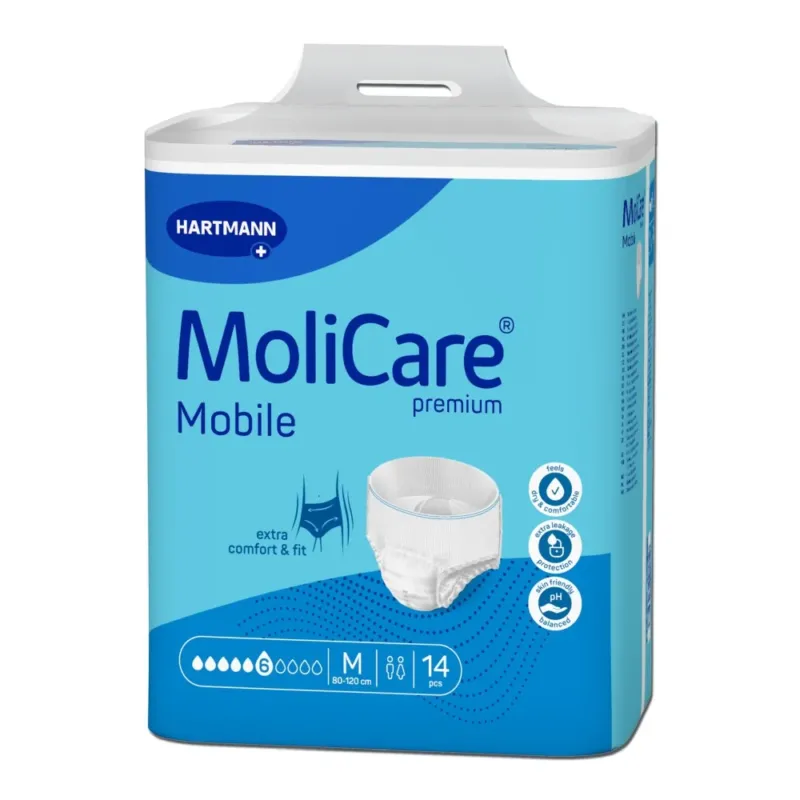 Hartmann MoliCare Premium Mobile Pants – 6 Tropfen, Größe M (80–120 cm), 14 Stück, Produktverpackung Vorderseite.