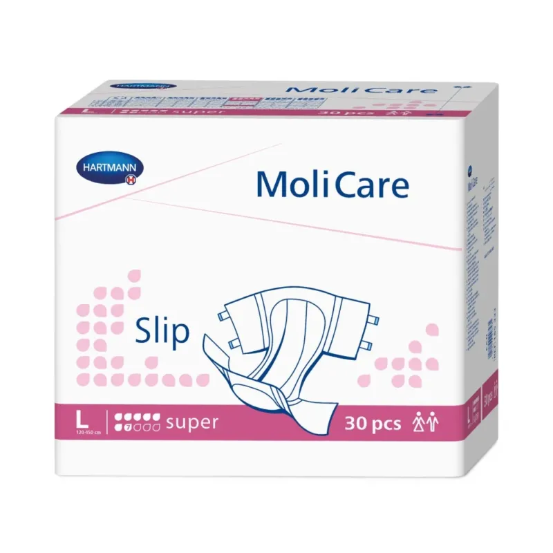 Produktbild von Molicare Slip Super mit 7 Tropfen für Erwachsene. Die Verpackung zeigt eine blaue und weiße Farbgestaltung mit dem Schriftzug „Molicare Slip Super“ und dem Hinweis auf die 7 Tropfen, die für hohe Saugfähigkeit stehen. Auf der Vorderseite sind auch Informationen zur Größe L und zur Anzahl der enthaltenen Windeln abgebildet. Der Hintergrund ist neutral und koordiniert so die visuelle Betonung auf das Produkt, das zur Inkontinenzversorgung gedacht ist.