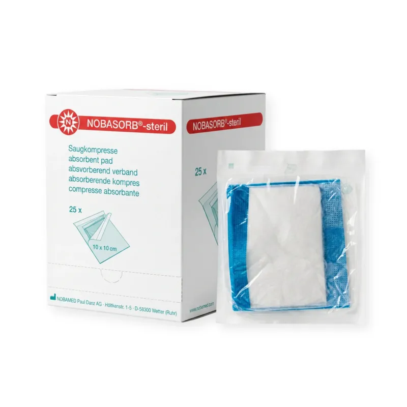 Frontalansicht einer Packung Nobasorb-steril 10 x 10 cm.