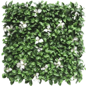 Die künstliche Hecke Gardenie mit weißer Blüte 50x50 cm UV ist eine quadratische Platte mit dichten grünen Blättern und vereinzelten weißen Blüten vor einem weißen Hintergrund.