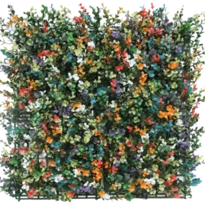 Die künstliche Buchsbaumhecke mehrfarbig 50 x 50 cm UV ist eine quadratische Platte aus dichtem künstlichem Buchsbaum mit kleinen Blättern und Büscheln oranger, weißer, roter, gelber, violetter und blauer Blüten auf einem grünen Kunststoffgitterhintergrund.