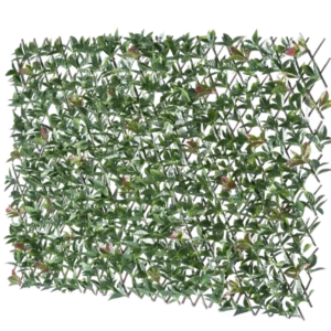 Die künstliche Hecke Photonia Extendable 200x100 cm ist ein rechteckiger ausziehbarer Zaun mit künstlichen grünen Blättern und rosa Blüten, dargestellt vor einem weißen Hintergrund.