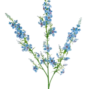 Die künstliche Blumen-Katzenminze, 75 cm, blau, hat einen einzelnen grünen Stiel, der sich in drei Zweige verzweigt, von denen jeder Büschel kleiner, leuchtend blauer Blüten mit violetter Mitte und grünen Blättern vor einem schlichten weißen Hintergrund trägt.
