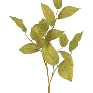 Das künstliche Ast-Apfelblatt 70 cm hat mehrere grüne, geäderte Seidenblätter an dünnen Stielen vor einem schlichten, hellen Hintergrund.