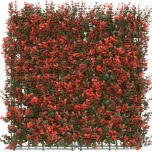 Die künstliche Hecke Buchsbaum rot 50x50 cm UV ist eine quadratische künstliche grüne Platte mit dichten kleinen grünen Blättern und roten Blütenbüscheln, ideal als Dekoration oder Sichtschutz.
