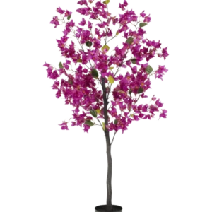 Die künstliche Bougainvillea 150 cm Lila hat einen hohen, schlanken Stiel mit leuchtend violetten Blüten und grünen Blättern, in einem einfachen schwarzen Topf vor einem weißen Hintergrund.
