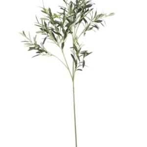 Das künstliche Olivenblatt 90 cm UV mit schlanken grünen Blättern und langem Stiel hebt sich von einem weißen Hintergrund ab und sorgt für eine dezente mediterrane Atmosphäre.