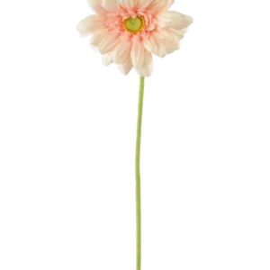 Die künstliche Blume Gerbera mini 47 cm zartrosa ist ein künstliches hellrosa Gänseblümchen mit weichen, geschichteten Blütenblättern und einem gelben Herzen auf einem langen grünen Stiel vor einem schlichten weißen Hintergrund.
