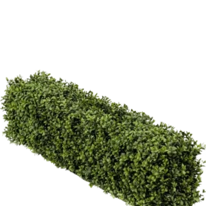 Eine künstliche Buchsbaumhecke UV im Format 100 x 20 x 25 cm hat eine rechteckige Hecke mit dichten grünen künstlichen Buchsbaumblättern vor einem schlichten weißen Hintergrund.