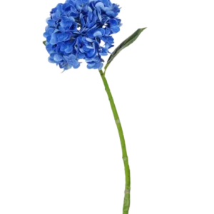 Die künstliche Blume Charlotte Hydrangea Real Touch dunkelblau ist eine einzelne blaue künstliche Hortensie mit grünem Stiel und Blättern, 55 cm hoch, isoliert auf weißem Hintergrund.