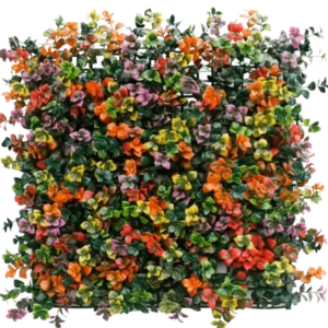 Die künstliche Hecke Pachysandra mehrfarbig 50 x 50 cm UV ist eine quadratische Platte mit dichten künstlichen grünen Blättern und kleinen orangefarbenen, rosa, gelben und violetten Blüten für einen farbenfrohen, lebendigen vertikalen Garteneffekt.