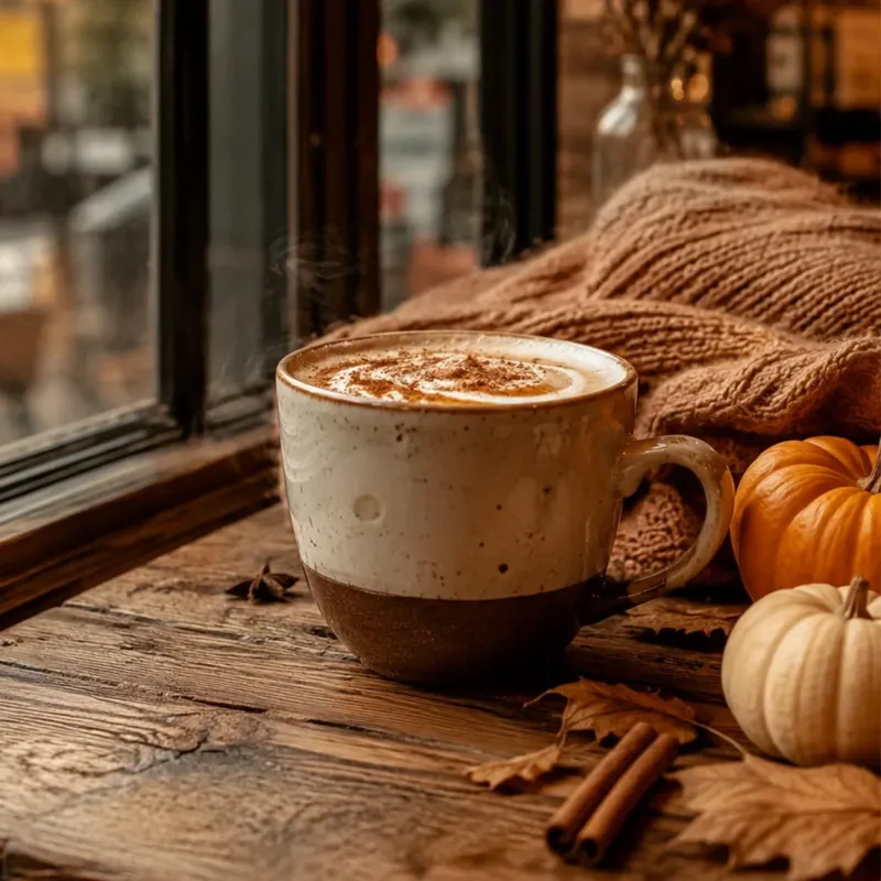 Tasse de boisson chaude épicée près d'une fenêtre d'automne, ambiance Macchiato spiced pumpkin