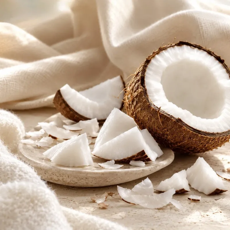 Noix de coco ouverte et morceaux de chair blanche sur un linge, ambiance Musc blanc et coco