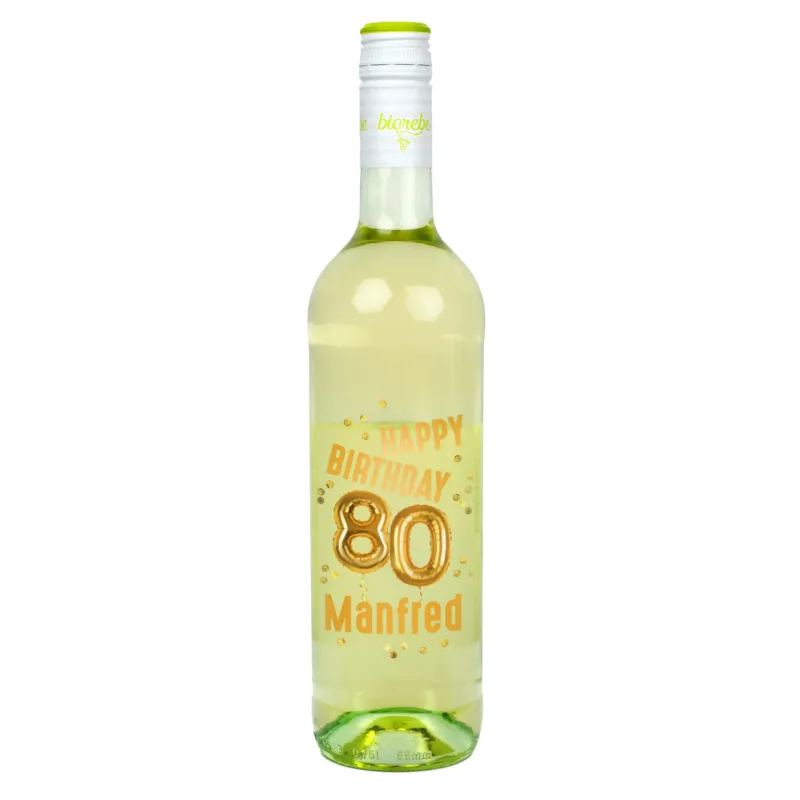 Weißweinflasche Biorebe Riesling mit goldenem Ballon-Motiv zum 80. Geburtstag und Name Manfred