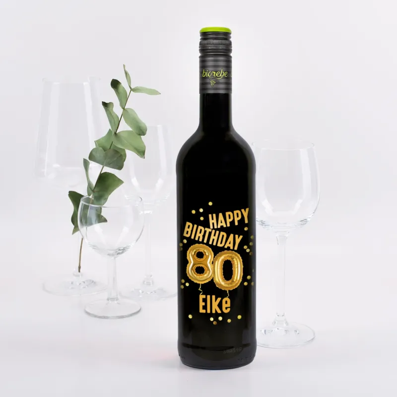 Rotweinflasche Biorebe Dornfelder mit goldenem Ballon-Motiv zum 80. Geburtstag und Name Elke