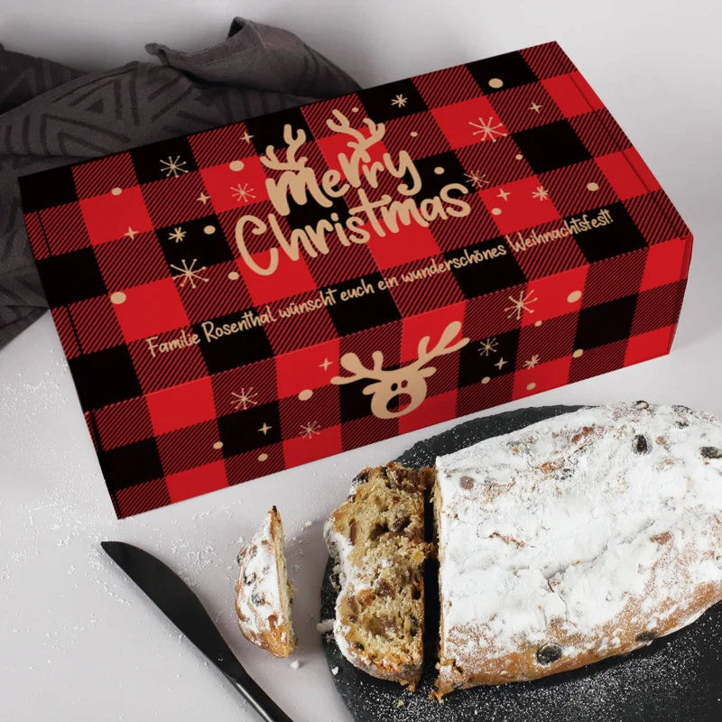 Rosinenstollen in personalisierter Verpackung zu Weihnachten