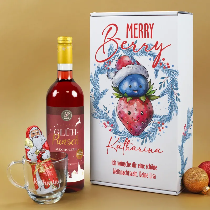 Personalisiertes Merry Berry Weihnachts-Geschenkset mit Glühpunsch alkoholfrei, Schoko-Weihnachtsmann, Glastasse und Geschenkbox mit Name Katharina