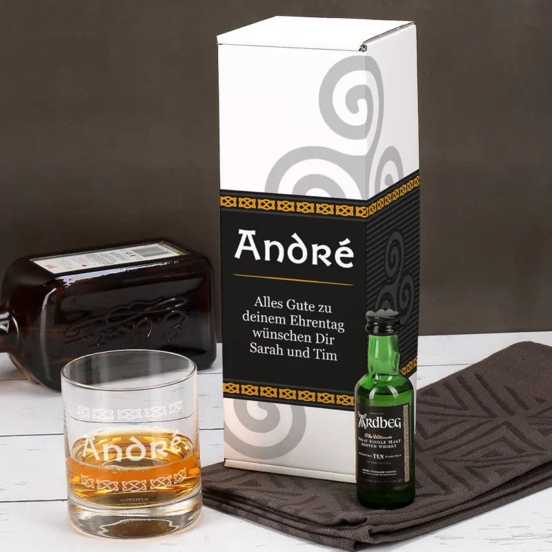 Whisky Geschenk-Set mit 1 Miniatur-Flasche Ardbeg 10 und graviertem Glas