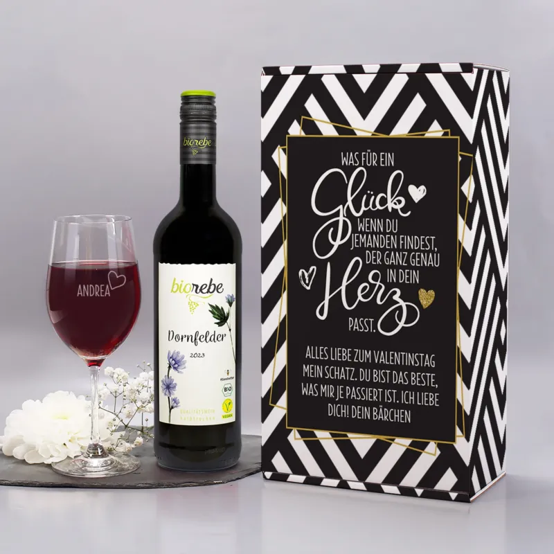 Was für ein Glück - Wein Geschenkset mit Weinglas und Geschenkbox | Bienenfreundlicher Biorebe